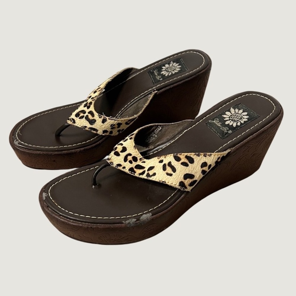 Y2K 2000s Leopard Print Wedge Sandals Tuscan Mom Brown Yellow Box Niche Size 6
